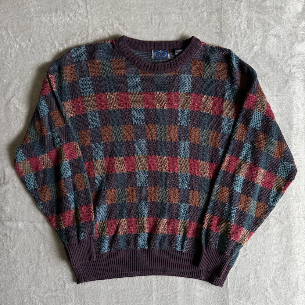 Vintage CT Mens Large Checkered Knit Sweater Multi Color Crewneck Bulgaria 90s